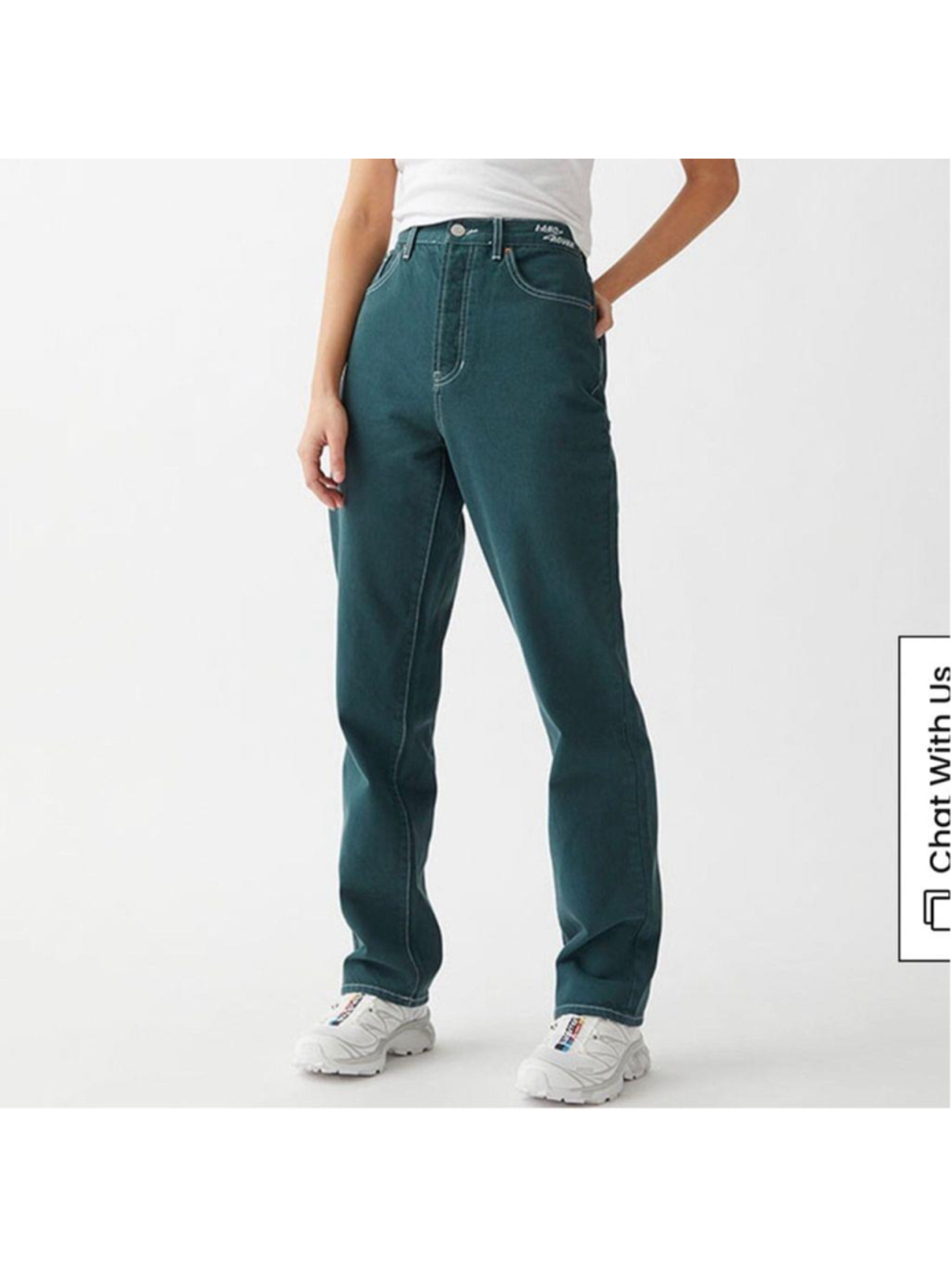 Land Rover Eco Green Dad Jeans waist 25” Dad jeans, white top stitch buttonfly